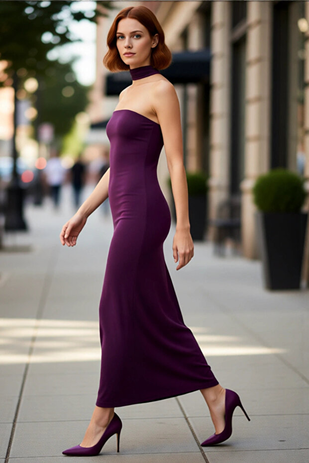 Women's Strapless Skater Maxi Dress Eye-Catching with a Stylish and Elegant Plain Knitted Design for Special Occasions