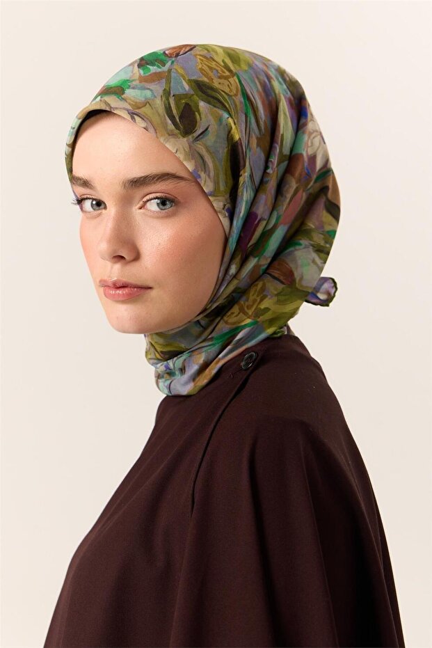 Thin Cotton Soft Scarf Pistachio Green-Lilac Patterned Non-Slip Textured Tok Duruşlu 90X90