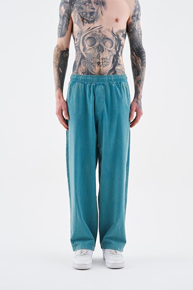 Erkek Effected Yıkamalı Basic Turquoise Eşofman Altı - 1