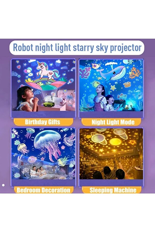 LED Gece Lambası Yıldızlı Gökyüzü Projektör Galaxy Robot Projeksiyon Lambası Müzik Çalar - 4