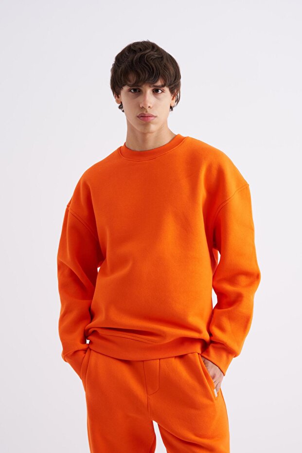 Erkek Basic Bisiklet Yaka Oversize Turuncu Sweatshirt - 1
