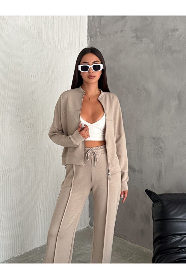 Women's Trend Modal Fabric College Collar Zippered Pocket Tracksuit Set