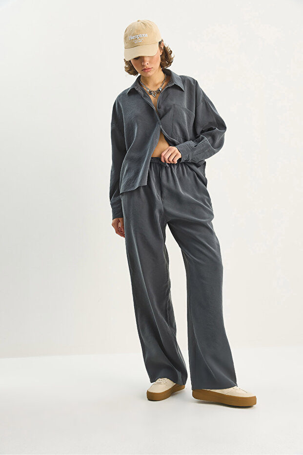 Kadın Modal Tek Cepli Oversize Gömlek Yüksek Bel Bol Pantolon Takım 210 60283673 - 4