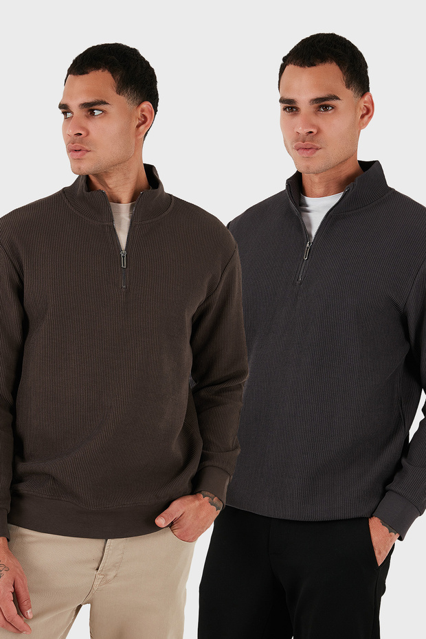 قطن ذو قصة عادية ونصف سحاب ياقة مرتفعة متوسطة الطول عبوة من قطعتين سويت شيرت رجالي SWEAT 5905716S2