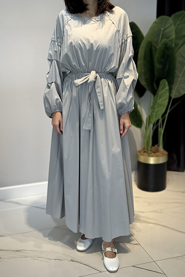 Paper Touch Dress with Folded Sleeves, Drawstring Detail, Elastic Waist 5747 Gray