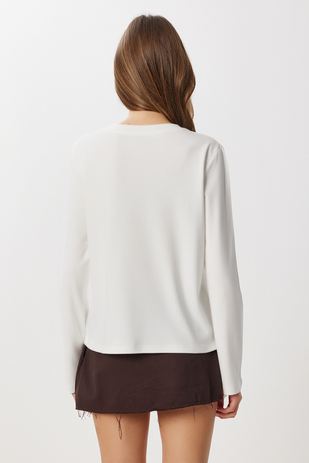 Basic Pamuklu Örme Bluz LUB0271 EKRU - 4