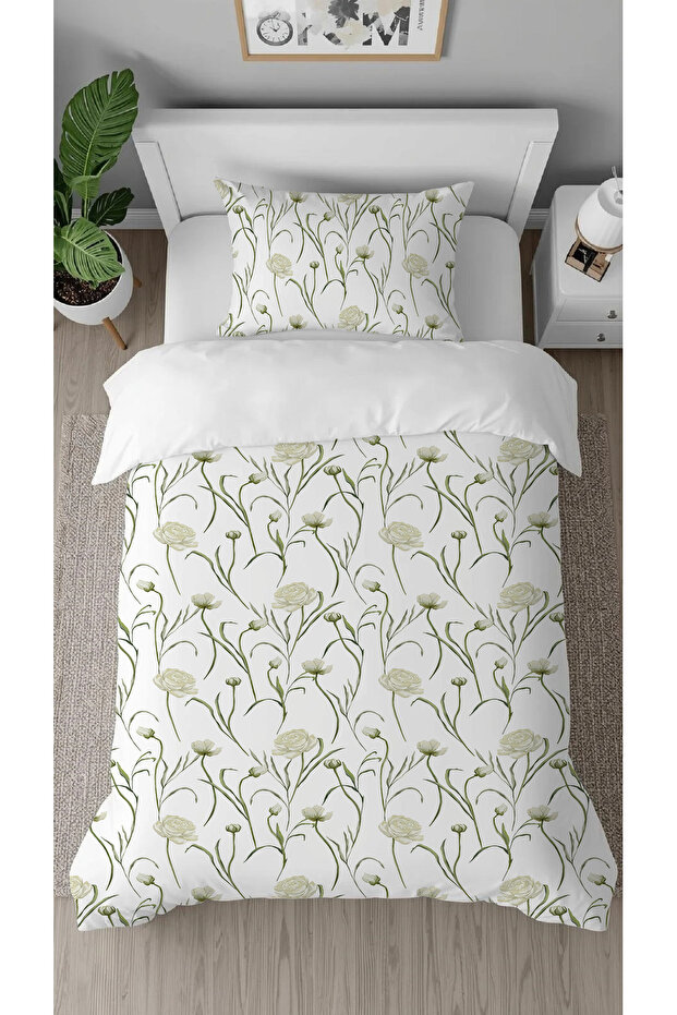 Rose Flower Leaf Bohemian White Patterned Printed Special Design Single Stylish Duvet Cover Set Without Sheets