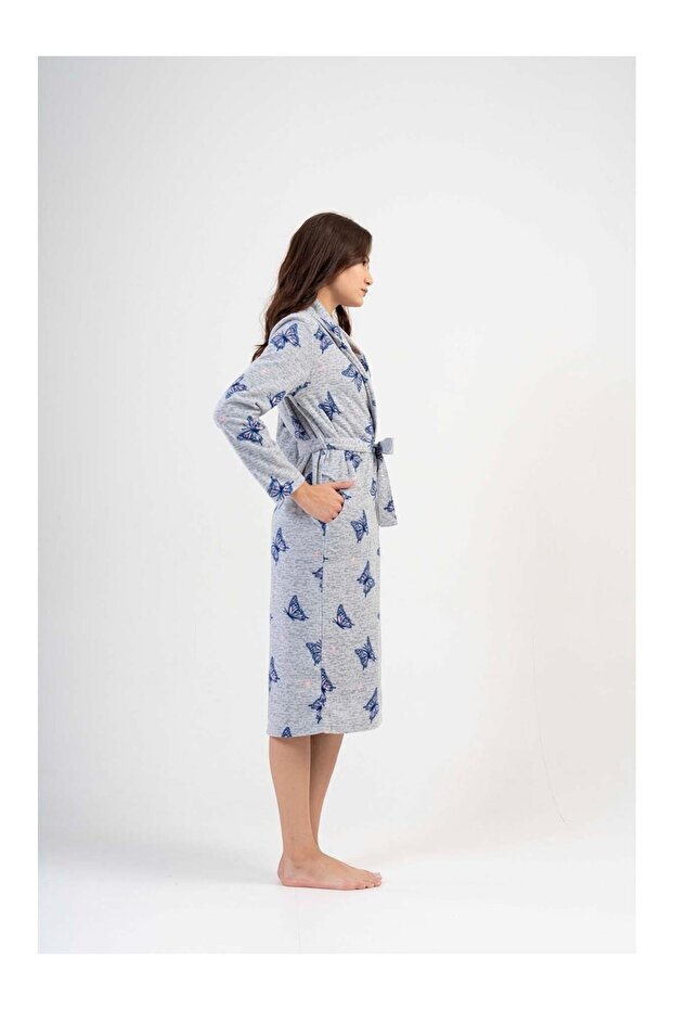 رداء صباحي ناعم بنقشة الفراشة مع حزام - 2