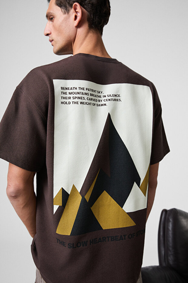 Moti Men's Chest and Back Printed 100% Organic Cotton Oversized Fit Crew Neck Brown T-Shirt