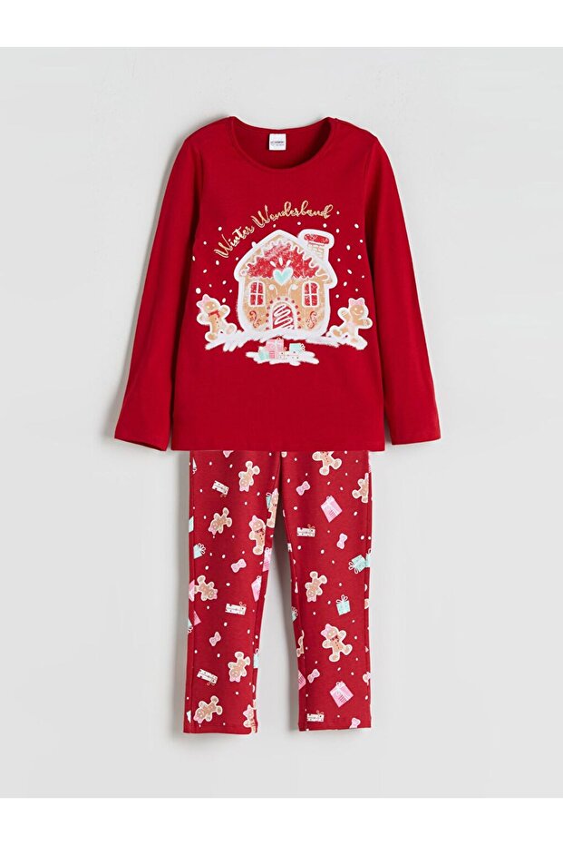 Bisiklet Yaka Yılbaşı Temalı Kız Çocuk Pijama Takımı - 1