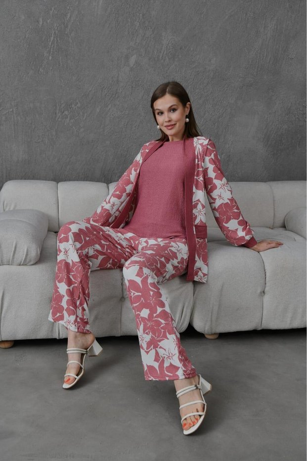 Women's Crepe Fabric Floral Detailed 3 Piece Set - Stylish Set - Women's Clothing