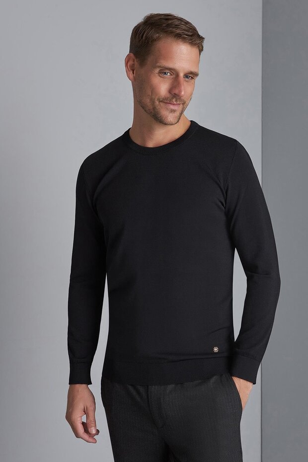 Black Slim Fit Slim Fit Crew Neck Plain Long Sleeve Knitwear