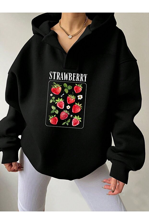 Unisex Black V-Neck Hooded Strawberry Printed Oversize Sweatshirt