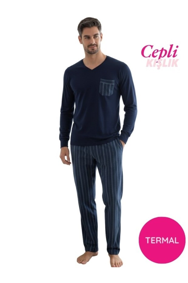 Men's Navy Blue V-Neck Buttonless Chest Pocket Thermal Winter Long Sleeve Pajama Set with Ankle Cuffs and Pockets
