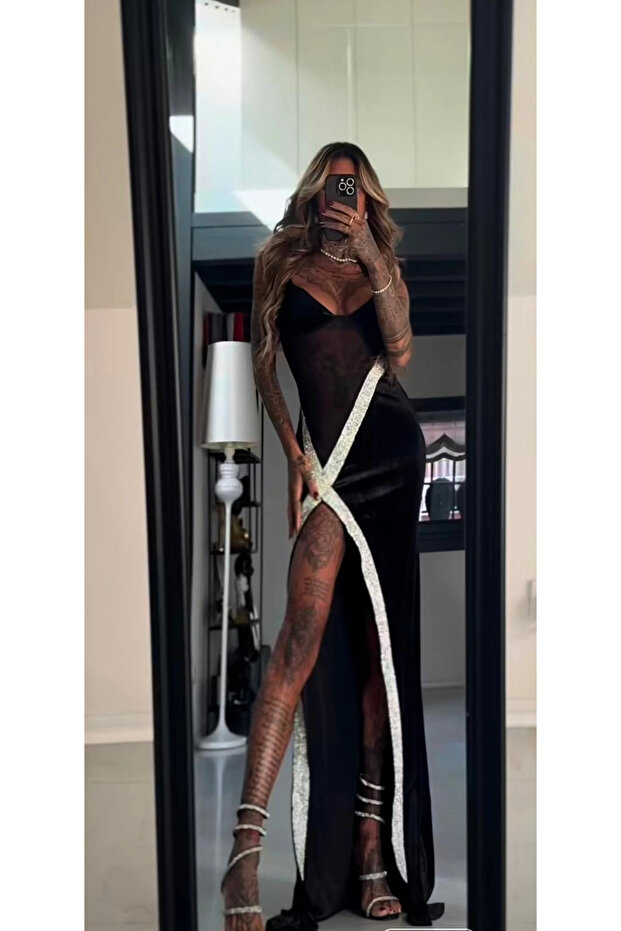 Dalgıç Kumaş Silikon Taşlı Tüllü Elbise - 2