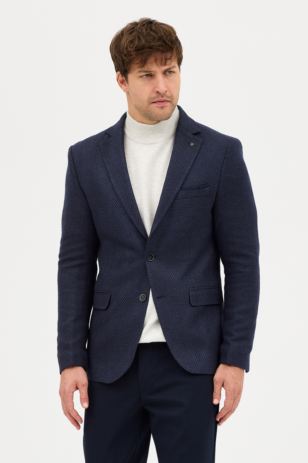 Luduno Men's Navy Blue Thick Mono Collar Slim Fit Casual Blazer Jacket