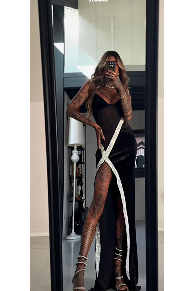 Dalgıç Kumaş Silikon Taşlı Tüllü Elbise - 1