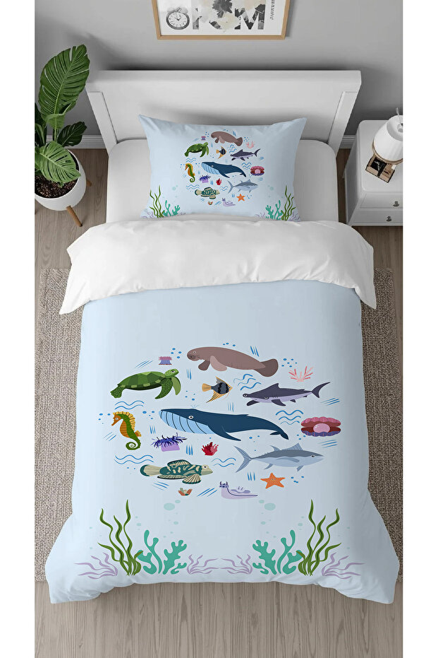 Sea Fish Ocean Blue Patterned Printed Specially Designed Single Children's Duvet Cover Set Without Sheets