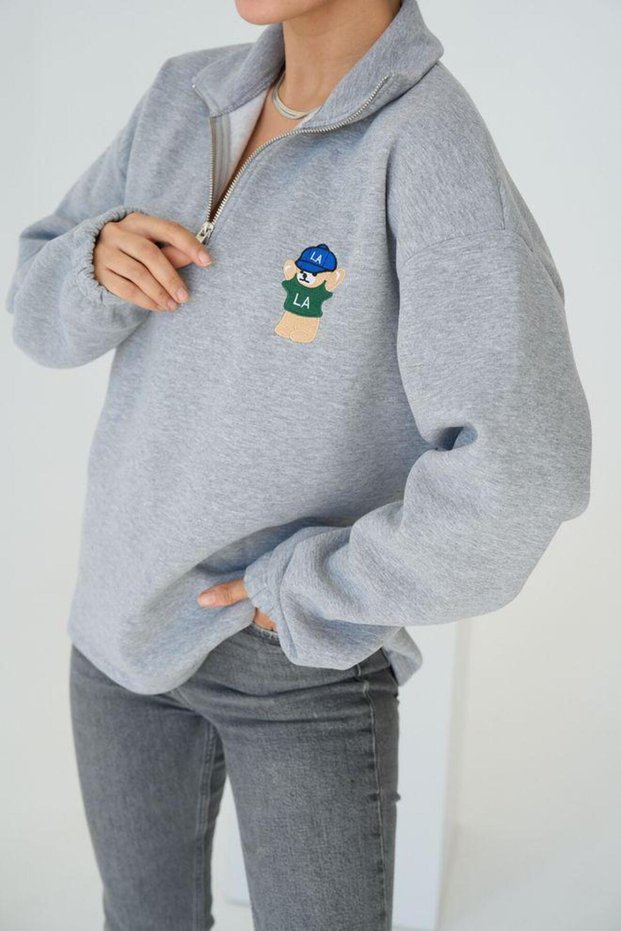 Teddy Bear Embroidery Detail Half Zipper Sweatshirt