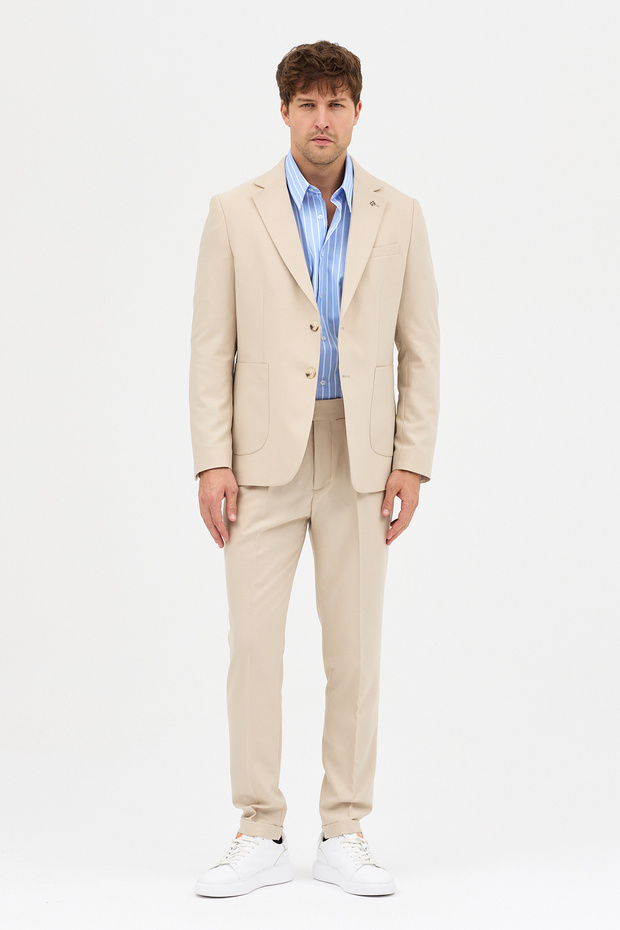 Lerma Men's Beige Bag Pocket Half-Lined Jacket+Pleated Trousers 2-Piece Slim Fit Suit