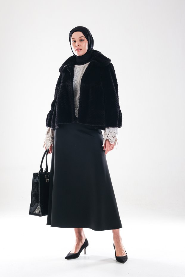 Women's Black High Waist Scuba Puff Skirt, Hijab Flared Skirt with Hidden Zipper Closure _2279
