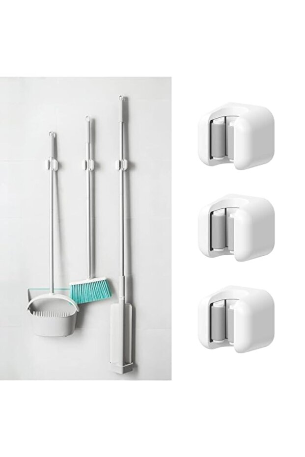 Broom Mop Holder, 3 Pcs Wall Mount Broom Stands Rack, Sturdy Self-Adhesive No Drilling Anti-Slip Cl