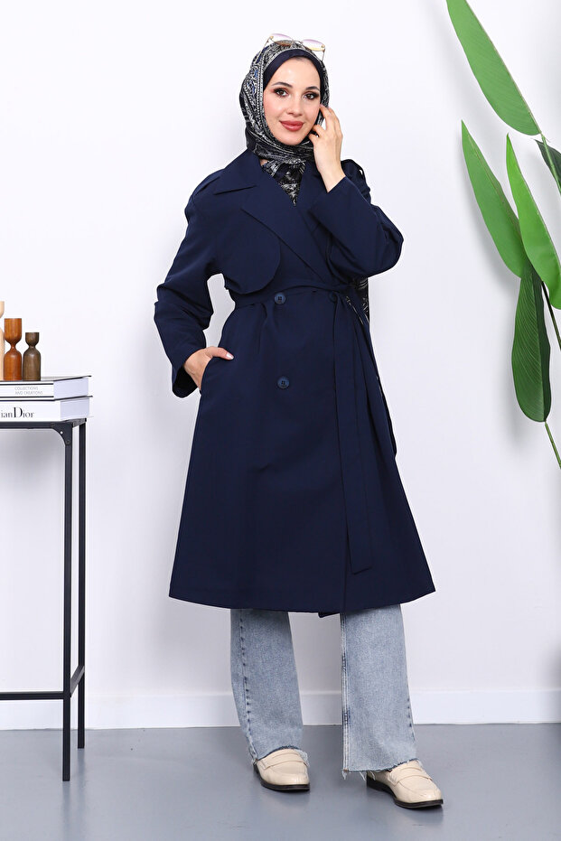 Navy Blue Kravuze Collar Belted Pocketed Trench Coat