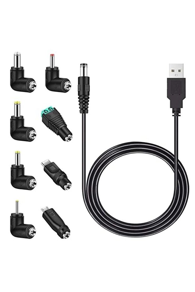 Universal 5V DC Power Cable, USB to DC 5.5x2.1mm Charging Cord with 8 Interchangeable Tips,