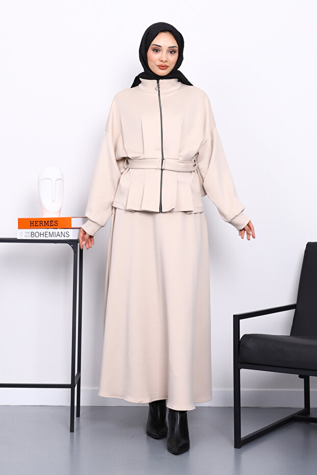 Beige Waist Detailed Jacket and Skirt Scuba Suit