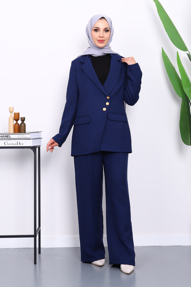 Navy Blue Buttoned Jacket and Pants Set