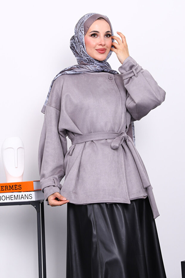 Gray Sleeve Epauletted Lined Suede Jacket