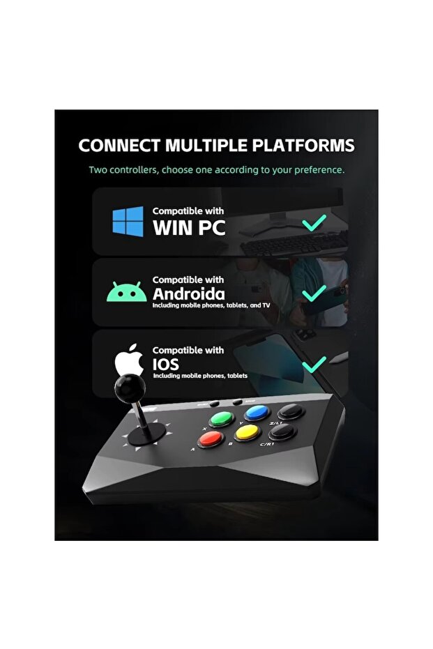 Set of 2 Wireless Arcade Controllers, Retro Joystick - Compatible with PC/Android/iOS - 2