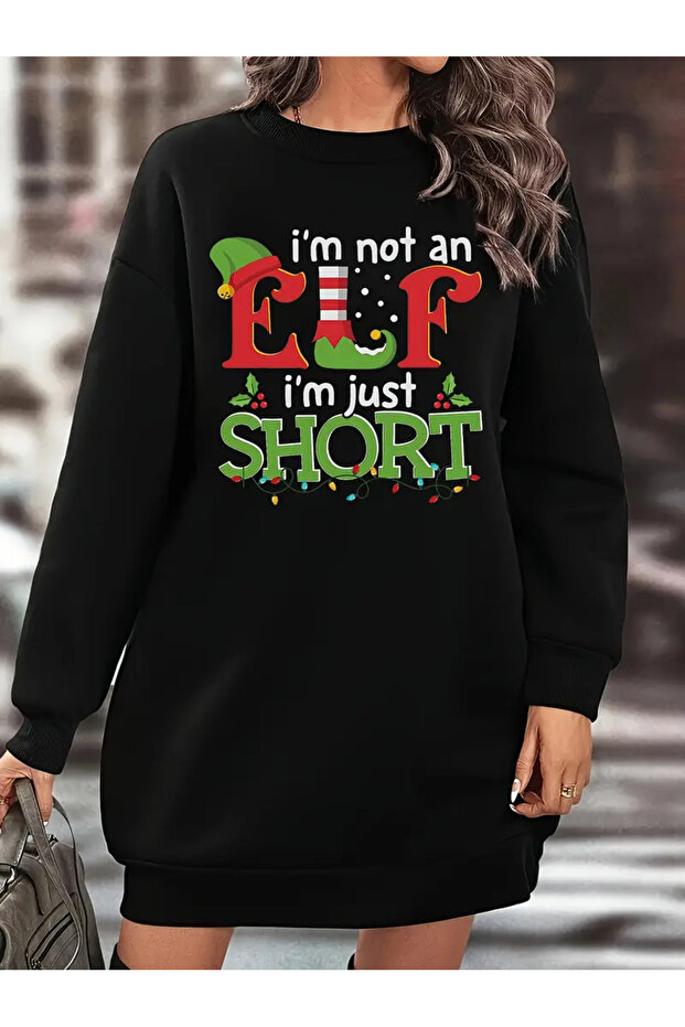 Christmas Elf Printed Black Fleece Sweatshirt Dress