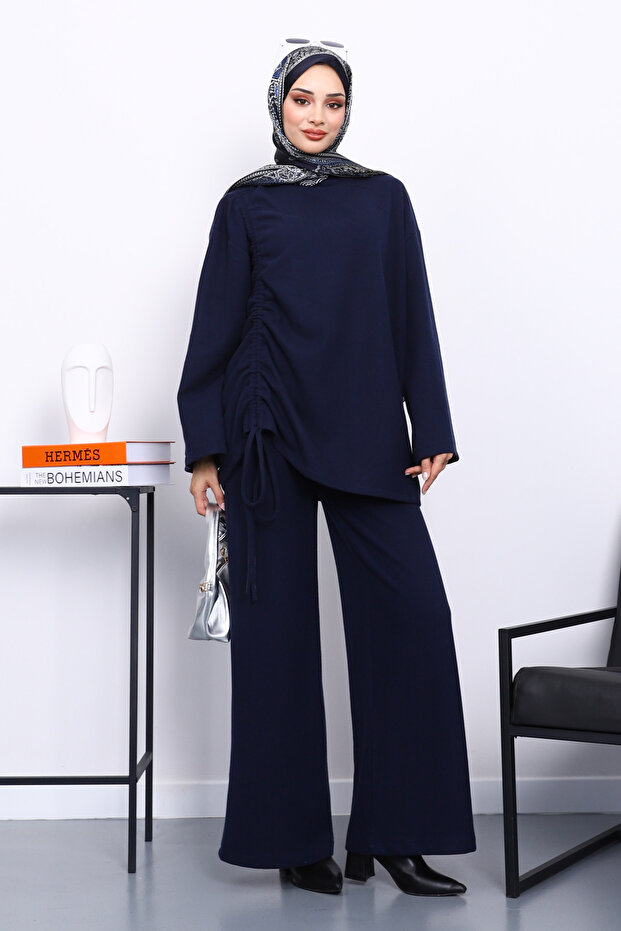 Navy Blue Ruched Detail Corded Fabric Tunic Trouser Suit