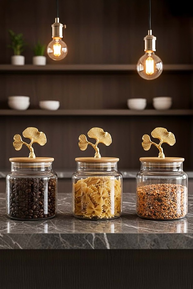 Set of 3 Glass Jars with Golden Ginkgo Figurines – 635 Cc Storage Container with Bamboo Lid
