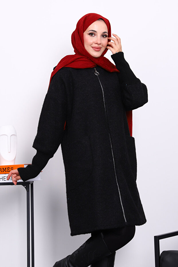 Black Zippered Wool Cashmere Coat