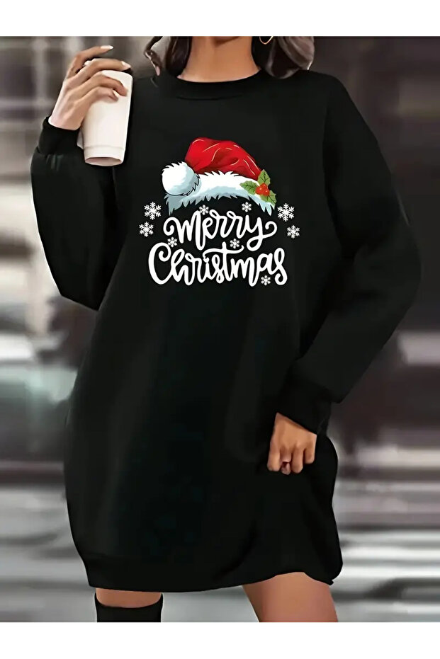 Women's Merry Christmas Printed Black Oversized Sweatshirt Dress