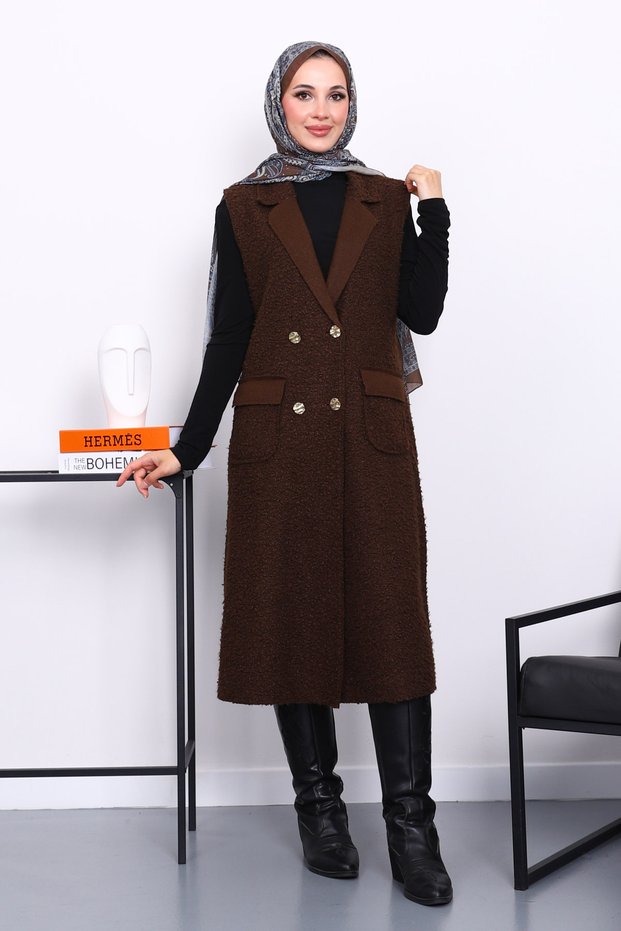 Brown Buttoned Long Boucle Vest