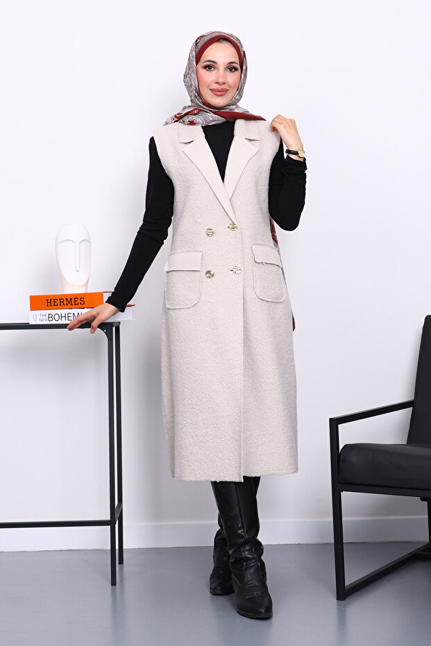 Long Boucle Vest with Stone Buttons