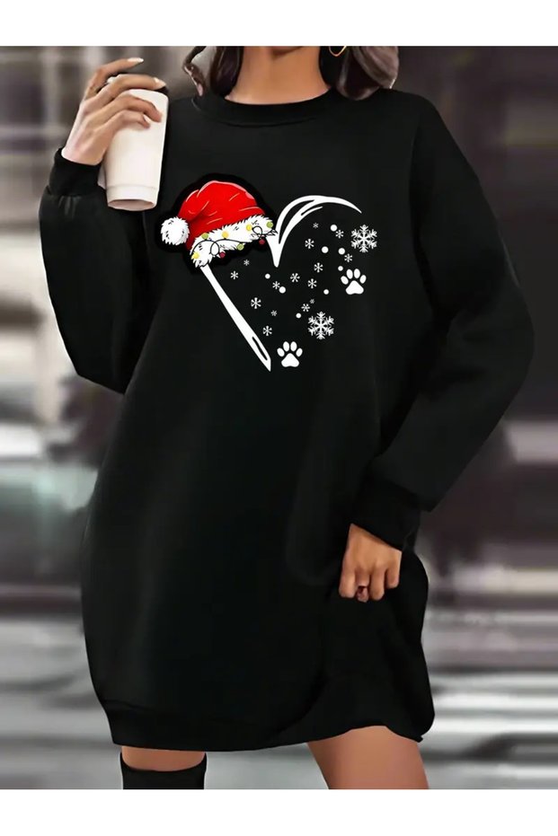 Women's Christmas Hat Cat and Paw Printed Fleece Sweatshirt Dress