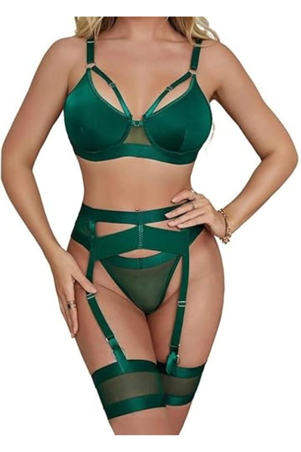 Women Lingerie Sets with Garter Belt 4 Pieces Lace Teddy Babydoll Bodysuit MG06