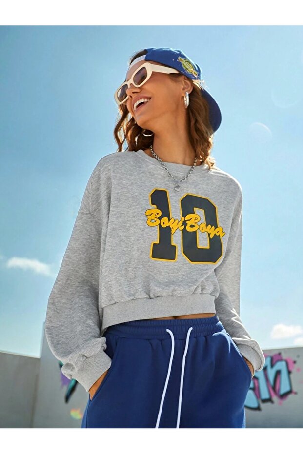 Women's Gray Boyiboy Printed Crop Crew Neck Sweatshirt
