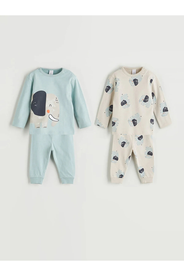 LCW baby Mavi YEBU Bisiklet Yaka Baskılı Erkek Bebek Pijama Takımı 2'li - 1