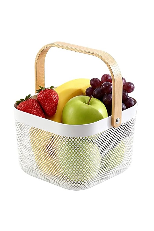 Mesh Fruit Baskets with Wooden Handle，Multi-functional Kitchen Storage Organizer Basket for Garden Bathroom Picnic Shopping（White）