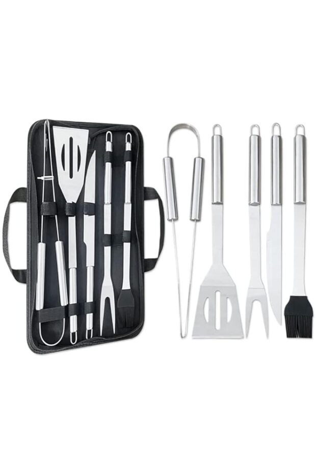 5Pcs Professional BBQ Tools Set with Storage Bag - Thickened Stainless Steel BBQ Accessories Set - Spatula, Fork, Basting Brush, Table knife, Tongs Best for Grilling