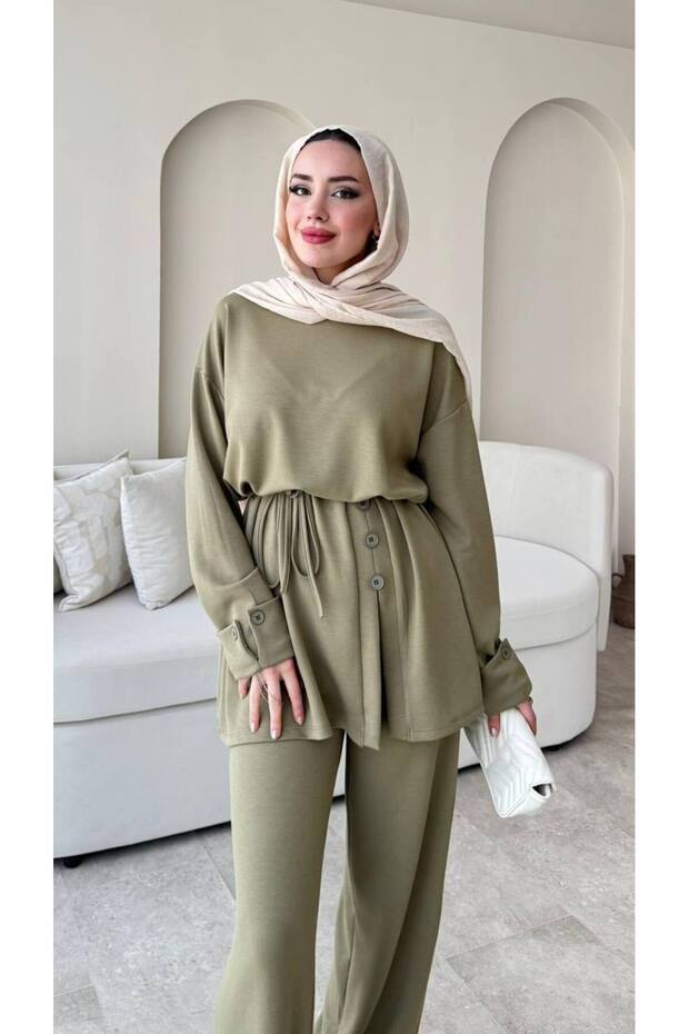 Women's Loose Button-Hem Blouse and Pants Set