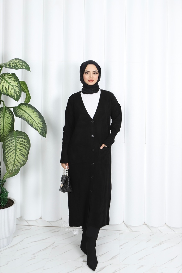 سترة طويلة محبوكة مع جيوب