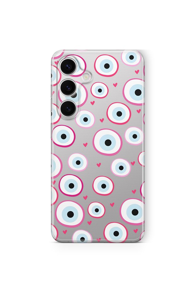Samsung Galaxy A27 Compatible Pink Evil Eye Bead Patterned Transparent Phone Case
