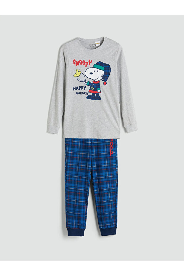 Lcw Kids Gray Bicycle Yebu Collar Snoopy Printed Boys Pajama Set