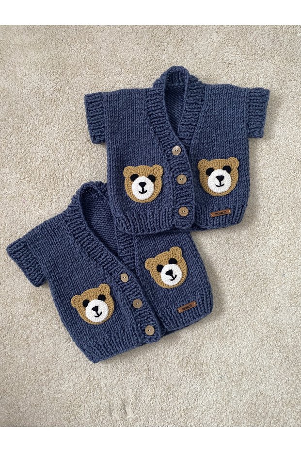 Hand Knitted Vest Boy's Teddy Bear Detailed Vest